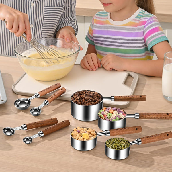 Wooden Handle Measuring Cups & Spoons Set 8-Piece – Stainless Steel, Stackable, Rustic Farmhouse Kitchen Gadgets, Non-Toxic, Dishwasher Safe, Gift for Bakers & New Homeowners.8