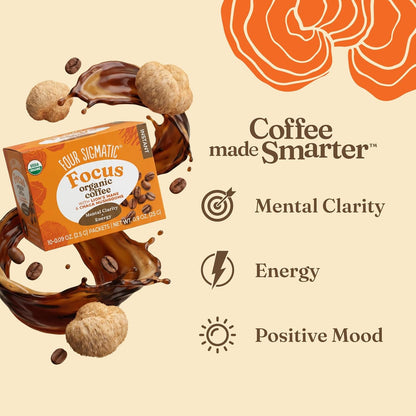 Four Sigmatic Focus Organic Mushroom Coffee | Instant Mushroom Coffee Mix with Lion'S Mane, Chaga and Rhodiola for Better Focus and Immune Support | 10 Packets5