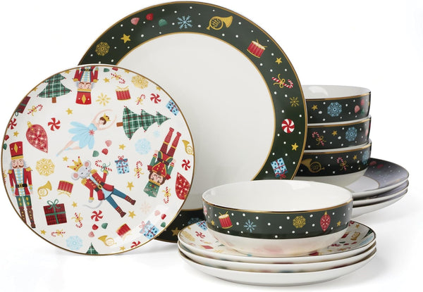 Nutcracker Ballet Porcelain 12-Piece Christmas Dinnerware Set for 41