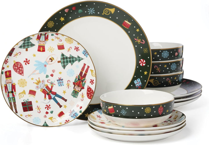 Nutcracker Ballet Porcelain 12-Piece Christmas Dinnerware Set for 4