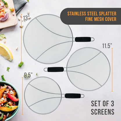 3-Piece Stainless Steel Splatter Guard Set (13", 11.5", 9.5") Fine Mesh Cover, Grease & Oil, Splatter Screen for Frying Pan, Cooking Pots, with Resting Feet & Comfort Grip Handles2