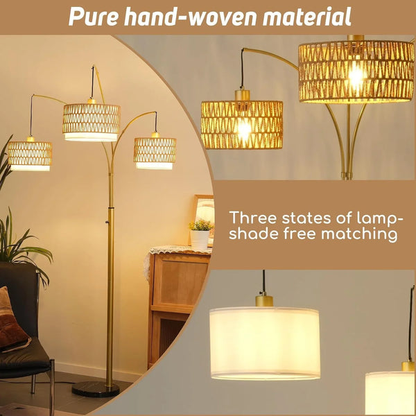 80'' Gold Rattan Arc Floor Lamp for Living Room, 3-Light Boho Tree Lamp | Heavy Natural Marble Base, 1/2/3-Light Rotary Switch,Double-Layer Wicker/Fabric Shades for Reading Corners,8 Ft+ Ceilings6