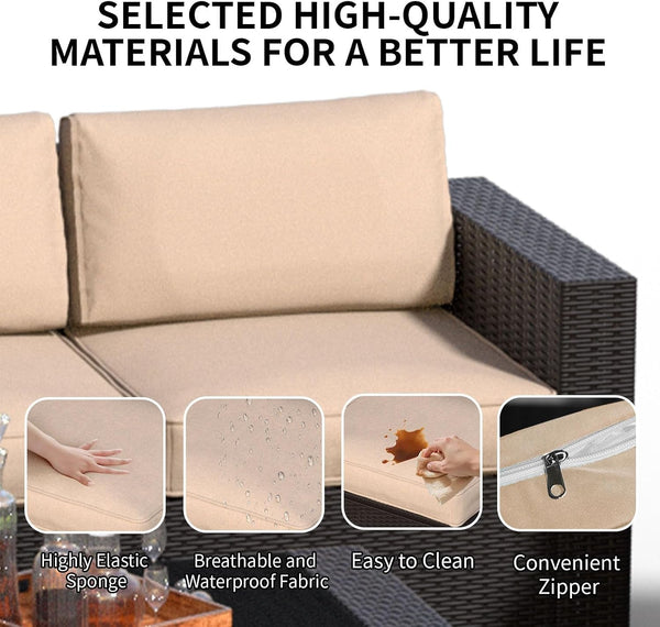 7 Piece Patio Furniture Set, Slanted Back Outdoor Sectional Sofa, Patio Conversation Sets with Cushion and Glass Table, Patio Sofa Furniture for Garden, Deck, Dark Brown Rattan & Khaki Cushions5
