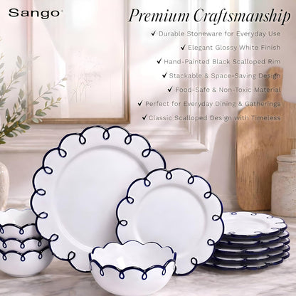 12-Piece Stoneware Dinnerware Set for 4, Glossy White Plates and Bowls Sets with Navy Scalloped Rims, Premium Dish Set, Dishes for Hosting Parties, Birthday & Wedding Gifts, Splash of Cheers3