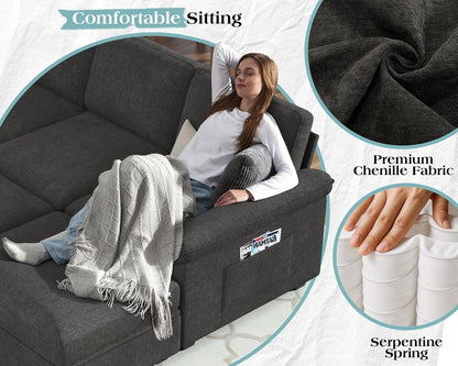 105" Sofa Bed, Sectional Sleeper Sofa with Pull Out Bed/Reclining Backrest, Sleeper Couch Bed with Storage, 6 Seater Couch Bed for Living Room, Chenille Dark Gray7