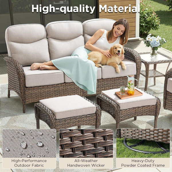 8 Pieces Luxury Outdoor Patio Furniture Set with 6-Inch Thick Cushions, Wicker Outdoor Furniture with High Back Swivel Patio Chairs Set of 4, Patio Conversation Set for Deck Garden Porch, Beige7