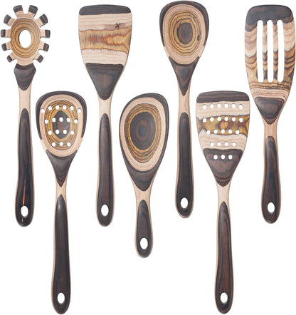 7 Pcs Wood Cooking Utensils Set, Wooden Kitchen Utensil Set for Cooking, Wooden Cooking Spoons & Spatulas with Spoon Rest, Safe for Non-Stick Cookware, Brown1