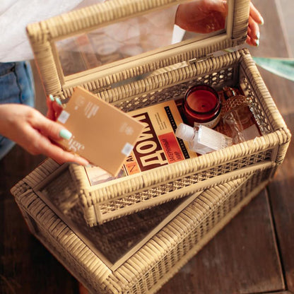 Large Handwoven Boho Rattan Display Boxes with Glass Lids Set of 2 | Rectangular Decorative Storage Bins Natural Woven Cane Home Decor Organizers (15.55" X 9.64" X 5.9" & 12.48" X 6.88" X 4.52")2