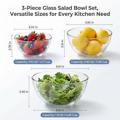 Glass Bowl Set of 3, Deep Sided Salad & Mixing Bowls,Stackable3