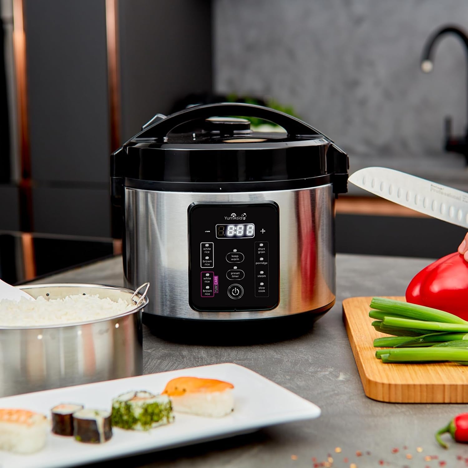 kumo-yumcarb-rice-cooker-with-ceramic-bowl-and-advanced-fuzzy-logic-5-5-cups-1-litre-5-rice-cooking-functions-3-multicooker-functions-110v-us-power-light-stainless-steel