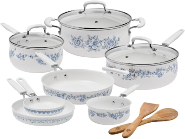 Pioneer Woman Style Agatha 12-Piece Aluminum & Ceramic Classic Cookware Set Blue1