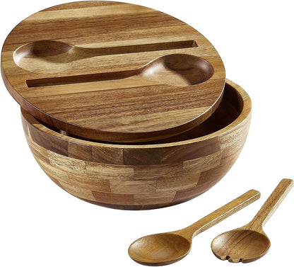 Salad Bowls Wood Salad Bowl Set with Lid Acacia Wood Serving Bowl for Fruits or Salads 10.5" Large Serving Bowl with Serving Utensils, 4 Piece Wooden Mixing Bowl Set for Kitchen, Picnic1
