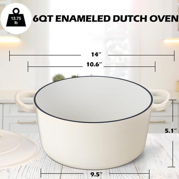 6Qt Dutch Oven, Enameled Cast Iron Dutch Oven Pot with Lid | Dual Handles for Bread Baking, Cooking, Simmer, Non Toxic & Heavy Duty, Oven Safe & Various Stovetops Suitable - Cream White2