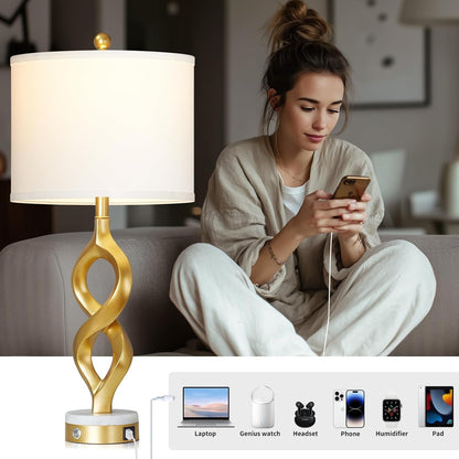30" White and Gold Table Lamp for Living Room, Modern Touch Control Bedside Lamp for Bedroom, 3-Way Dimmable Sculptural Resin Nightstand Lamp with USB A+C Ports and 1 LED Bulb (1 Pack)6