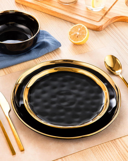 12 Pieces Plates and Bowls Sets, Porcelain Black and Gold Dinnerware Sets, round Dinner Plates Dishes Set Service for 4, Dishwasher Safe and Scratch Resistant, Black6