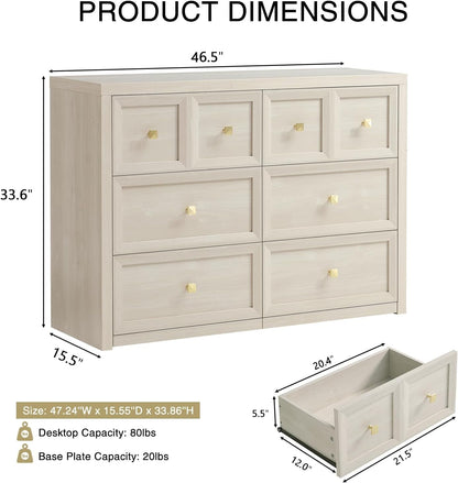 3 Piece Dresser Bedroom Set - 6 Drawer Dresser and 3 Drawer Oversized Nightstands Set of 2 with Charging Station, Farmhouse Dresser Sets for Bedroom,Grey White3
