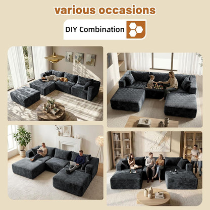 110 Modular Sectional Boneless Sofa with 2 Ottomans, Corduroy U-Shaped Modular Sectional Sofa, Convertible Cloud Couch with Deep Seats, No Assembly Required (Grey, 110" 3Seat+2 0Ttoman)6