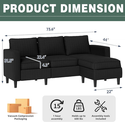 L-Shaped Sectional Sofa, Sectional Couches with Reversible Ottoma, 3-Seat Small Couch, Modern Ribbed Fabric Sofa for Living Room Apartment, Compact Comfy Upholstered Couch, Matte Black3