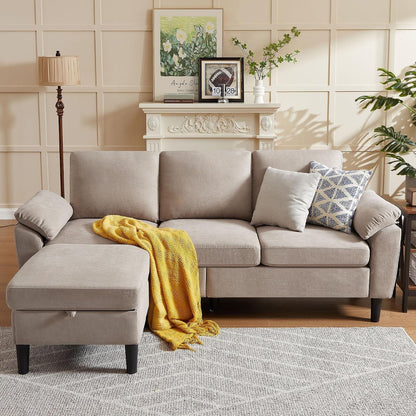 80" Convertible Sectional Sofa, Small L Shaped 3 Seat Couch with Reversible Storage Chaise, Modern Polyester Fabric Sofa Couches for Living Room, Apartment and Small Space, Beige4