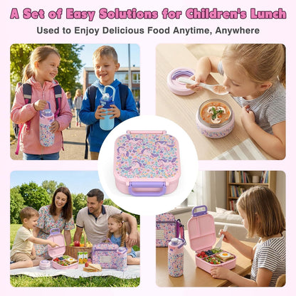 Bento Lunch Box for Kids with 7Oz Soup Thermo,Insulated Stainless Steel Kids Water Bottle with Straw and Insulated Lunch Bag,Leak-Proof Lunch Food Container with Ice Pack for School(Pink-Horse)8