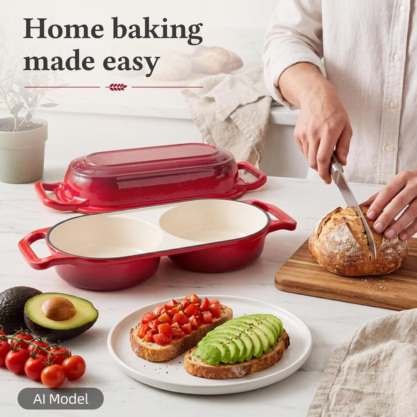 Mini Double Dutch Oven for Sourdough Bread Baking | Enameled Cast Iron, 500°F Oven Safe, 2.2QT Double round Loaf Pan for Homemade Baking, 15.5Cm Diameter, Red7