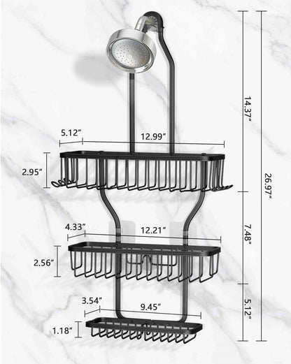 Shower Caddy Hanging - Never Rust Shower Hanging Organizer - Aluminum over the Showerhead Caddy with Soap Basket and 6 Hooks for Razor/Sponge (Black)2