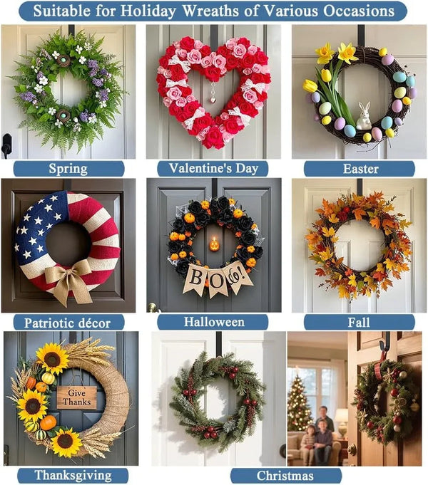 15" Wreath Hanger for Front Door, over the Door Wreath Hook | No Drilling or Screws. Protects Doors, Closes Normally, Holds 22 Lbs for Holiday & Seasonal Décor. Black, 1 Pack3