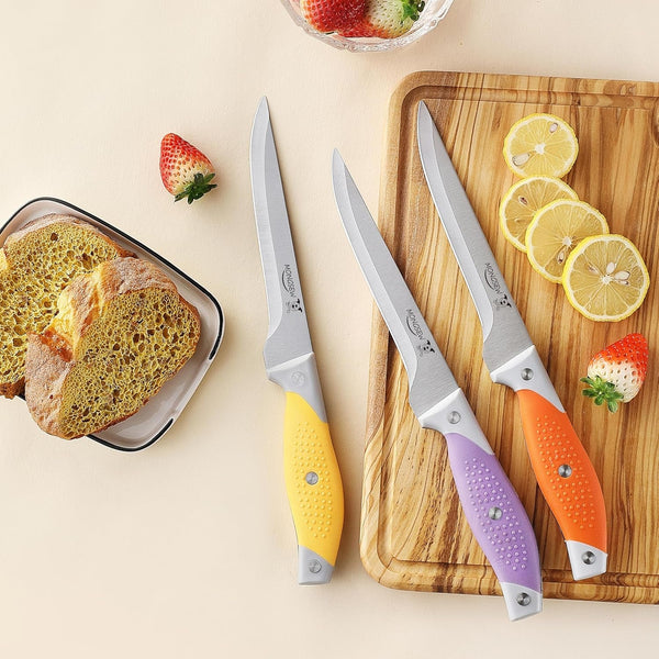 3PCS Boning Knife, German Stainless Steel Fillet Knives, 6 Inch Curved Boning Deboning Filet Fillet Knife for Meat, Fish, Poultry, Cutting, Trimming, Ergonomic Rubber Handle, Dishwasher Safe6