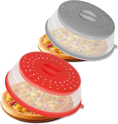 2 Pack Collapsible Microwave Splatter Cover, Red & Grey | Vented Microwave Splatter Guard, Food Cover with Hook Hole, Vegetable Fruit Colander Multi-Function Kitchen Gadget1
