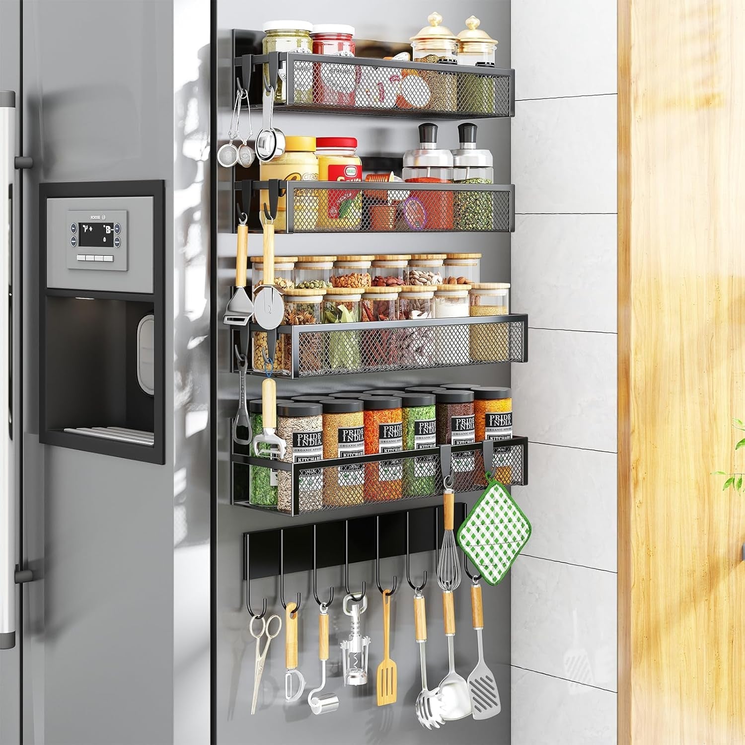 magnetic-spice-rack-for-refrigerator-5-pack-magnetic-shelf-moveable-magnetic-fridge-organizer-with-an-8-hook-rack-seasoning-organizer-for-kitchen-organization-extra-with-8-hooks