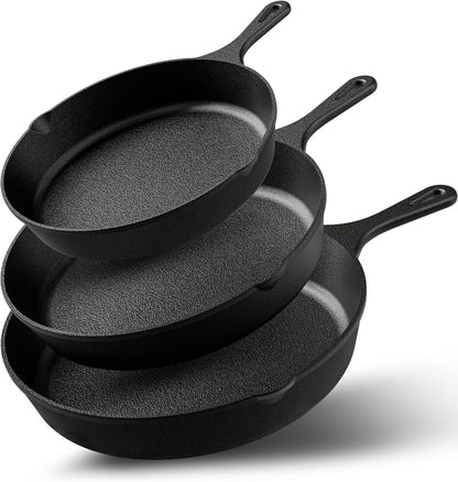 Cast Iron Skillet Set 3 Piece 6 8 10 Inch Pfas-Free Black | Chef Pan, Even Heat Distribution, Stovetop, Campfire and Grill Safe, Large Skillet Set, Indoor Outdoor Use1