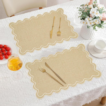 Set of 6 Cotton Linen Placemats, 13 X 19 Inch Scalloped Wavy Embroidered Placemat Double Layered Table Placemats Washable Rustic Table Mats for Dining Table Decor Kitchen Restaurant Hotel Party6