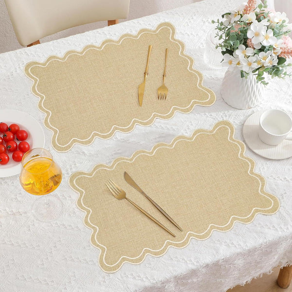 Set of 6 Cotton Linen Placemats, 13 X 19 Inch Scalloped Wavy Embroidered Placemat Double Layered Table Placemats Washable Rustic Table Mats for Dining Table Decor Kitchen Restaurant Hotel Party6