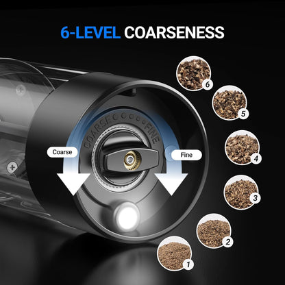 Electric Salt and Pepper Grinder Set, 110Ml Larger Rechargeable Automatic Salt and Pepper Mill Grinder with 6 Adjustable Coarseness, Electric Salt and Pepper Shakers, LED, 2 Packs, Black4
