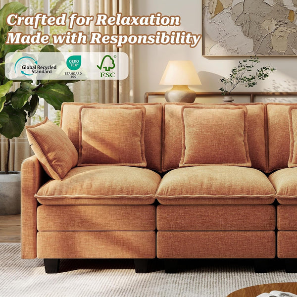 107" Modular Sectional Cloud Sofa, U Shaped 6 Seat Chenille Couch with Movable Ottomans and 48" Deep Seat, Convertible Couches for Living Room, Orange8