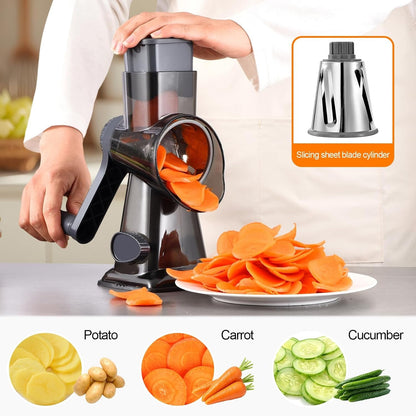 Rotary Cheese Grater Manual Hand Crank 3-In-1 Vegetable Shredde | Finger-Safe Design, Stainless Steel Drums, Suction Base. Perfect for Cheese, Vegetables, Nuts & Chocolate. Easy to Clean4