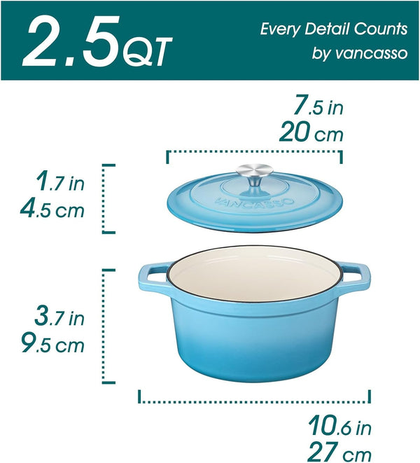 2.5 Qt Enameled Cast Iron Dutch Oven with Lid, Blue | Sourdough Bread Baking, Steaming, Braising, Non-Stick Enamel, Compact Design, Everyday Meals. Small Cast Iron Pot.2