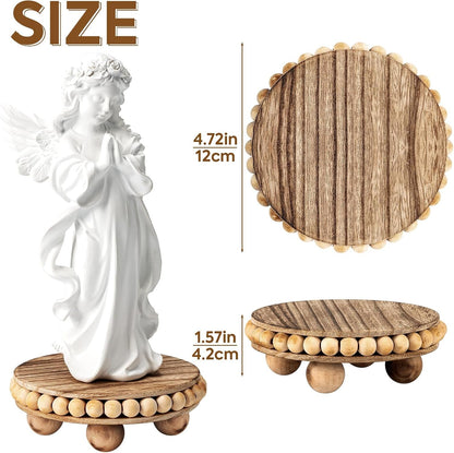 round Wood Risers for Display：2P Beaded Riser Distressed Decor | Stable Wood Coaster-Rustic Farmhouse Pedestal Display Riser for Cake/Plant Stand/ Tiered-Ball Decoration-Raised High Holder2