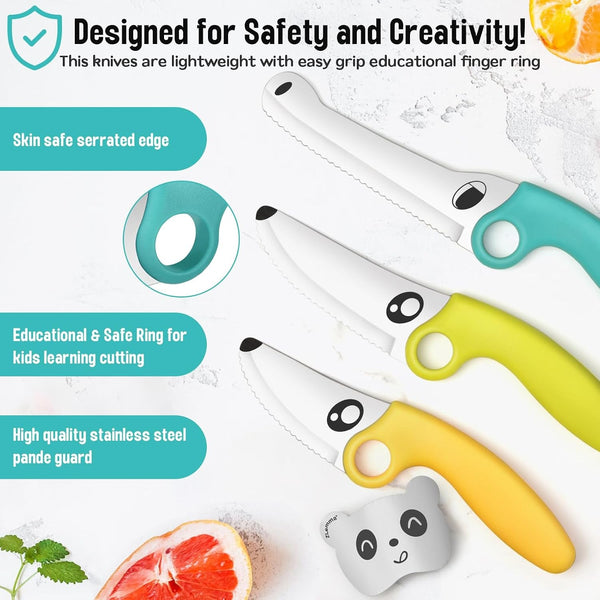 Kids Knife Set for Real Cooking with Educational Ring & Panda Finger Guard for Boys & Girls Cutting, Kids Chef Knife Stainless Steel Blade for Kitchen Cutting-Warm-Toned4