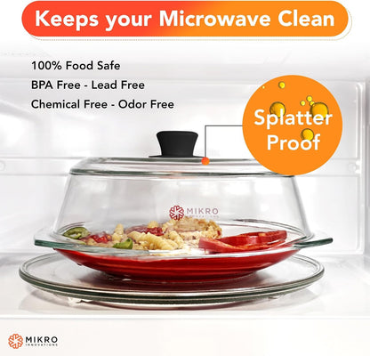 Tall Glass Microwave Splatter Cover | Sturdy Clear 100% Food Safe BPA Free Glass Lid with Easy Grip Silicone Handle | Heavy-Duty Glass for Longer Life, Dishwasher Safe for Easy Cleaning - 10.5In5