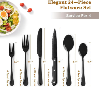 24-Piece Black Silverware Set with Steak Knives Flatware Set for 4 Food-Grade Stainless Steel Cutlery Set Mirror Polished Utensils Set Include Spoons and Forks for Home Kitchen Restaurant2