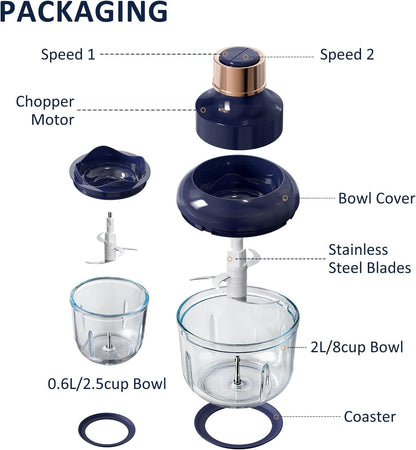 Food Processor, Electric Food Chopper with 2 Glass Bowls (8 Cup+2.5 Cup), 400W Power Grinder with 2 Sets Stainless Steel Blades, 2 Speed for Meat, Vegetables, and Baby Food | Dishwasher Safe, 2 Sets Stainless Steel Blades, Ideal for Meat, Vegetables, and Baby Food Preparation7
