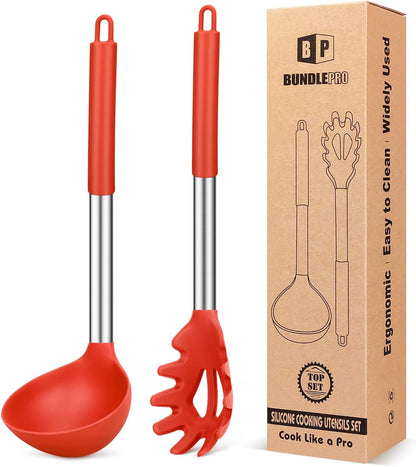 Silicone Pasta Fork and Soup Ladle Spoon Set, 2 Pack, Red1