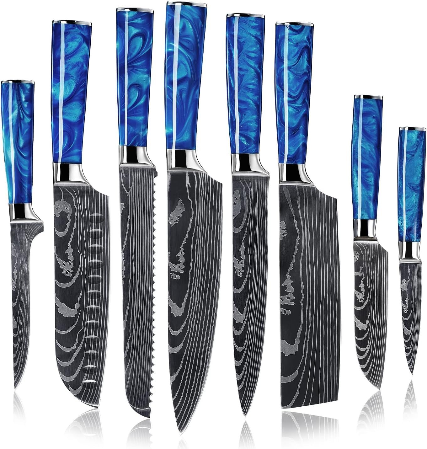 senken-8-piece-japanese-knife-set-blue-resin-handle-laser-damascus-blades-chefs-santoku-bread-paring-knives