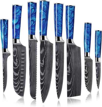 SENKEN 8-Piece Japanese Knife Set - Blue Resin Handle, Laser Damascus Blades - Chef'S, Santoku, Bread & Paring Knives1