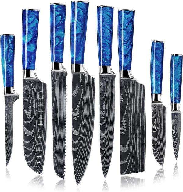 SENKEN 8-Piece Japanese Knife Set - Blue Resin Handle, Laser Damascus Blades - Chef'S, Santoku, Bread & Paring Knives1