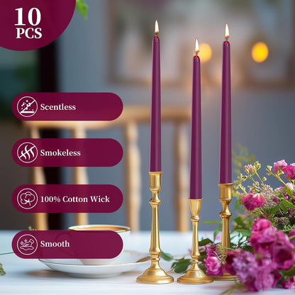 0.87×10 Inch Purple Taper Candles, Unscented and Smokeless Tall Candlesticks, 10 Pack Tapered Candles with Cotton Wicks, Long Burning, Ideal for Weddings, Dinner Parties, and Home Décor2