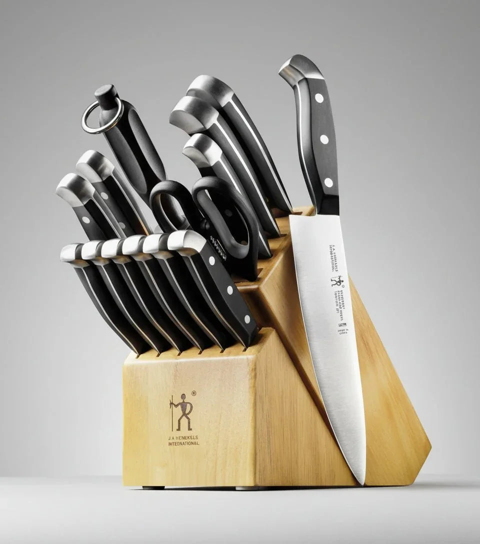 15-piece black handle kitchen knife set with wooden block and sharpening rod