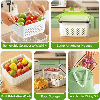 4 PCS Fruit Storage Containers for Fridge, Produce Containers for Fridge with Removable Colander, All-In-One Fruit Washing Bowl with Strainer Microwave/Dishwasher Safe for Salad Berry Lettuce Keeper7