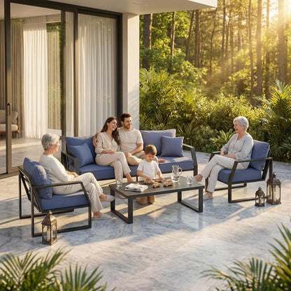 Oversized Modern Outdoor Patio Furniture Set with 5" Thick Cushions, Deep Seats & Wide Armrests, Comfortable Aluminum All-Weather Rustproof Uv-Resistant Frame, 5-Seater for Garden, Backyard, Poolside5